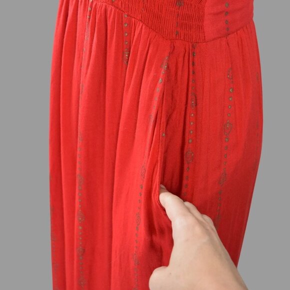 LAPOGEE TRIBAL PRINT RED GOLD BOHEMIAN V-NECK MAXI DRESS - Picture 4 of 8